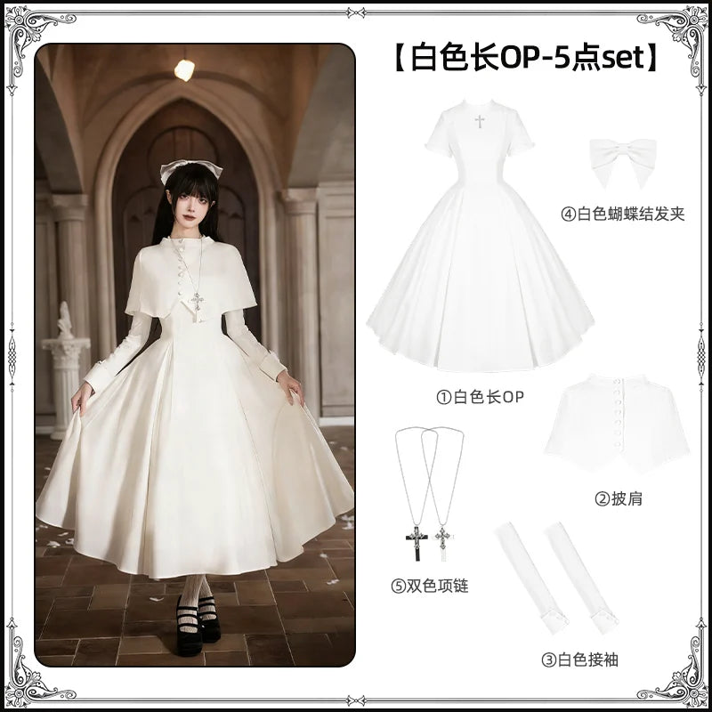 With PUJI - Nihil - Gothic Nun Lolita OP Dress, Irregular Hem Cape detail view 7