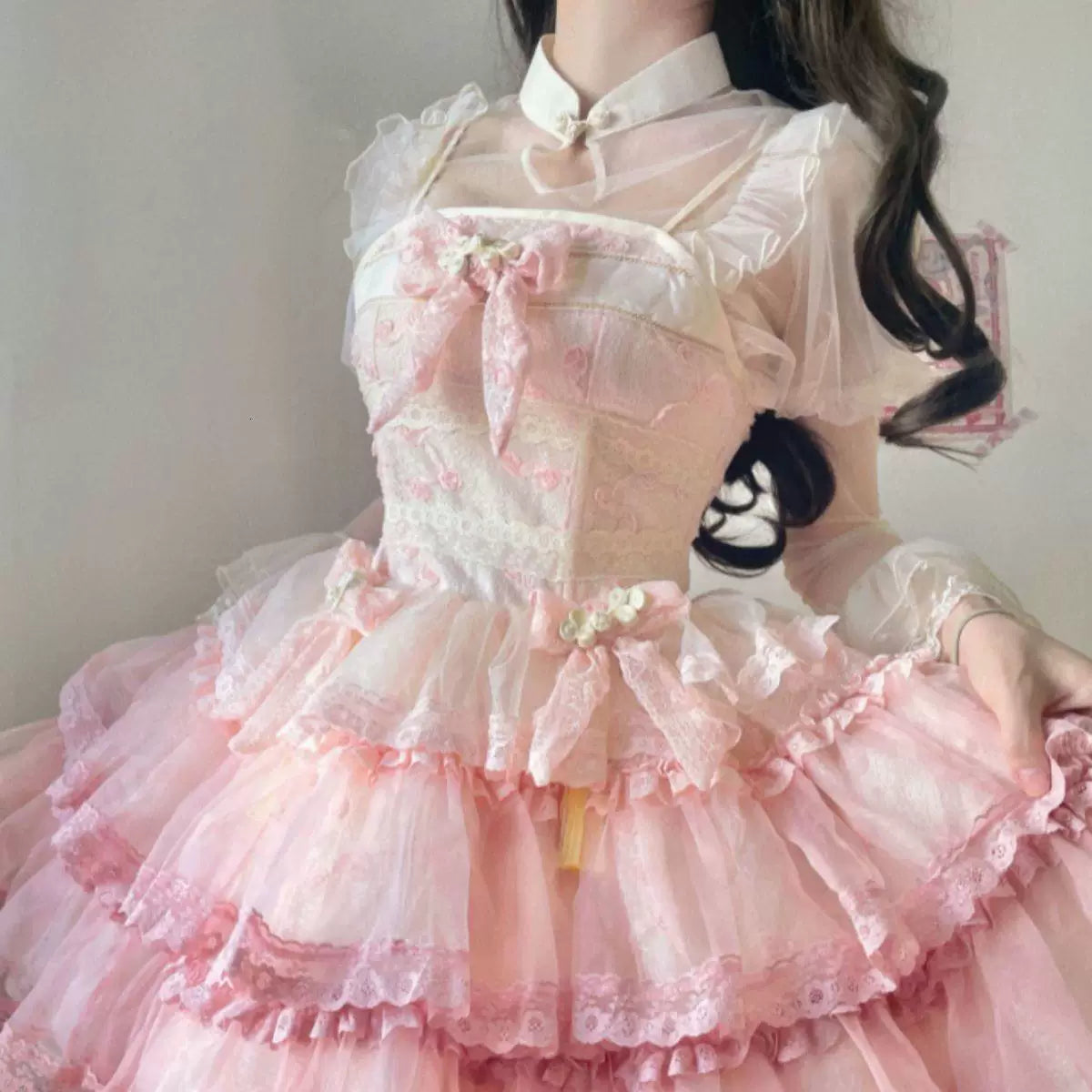 Sweetheart Dream Machine - Frog-Button Mesh - Long-Sleeve Blouse with Ruffled Front