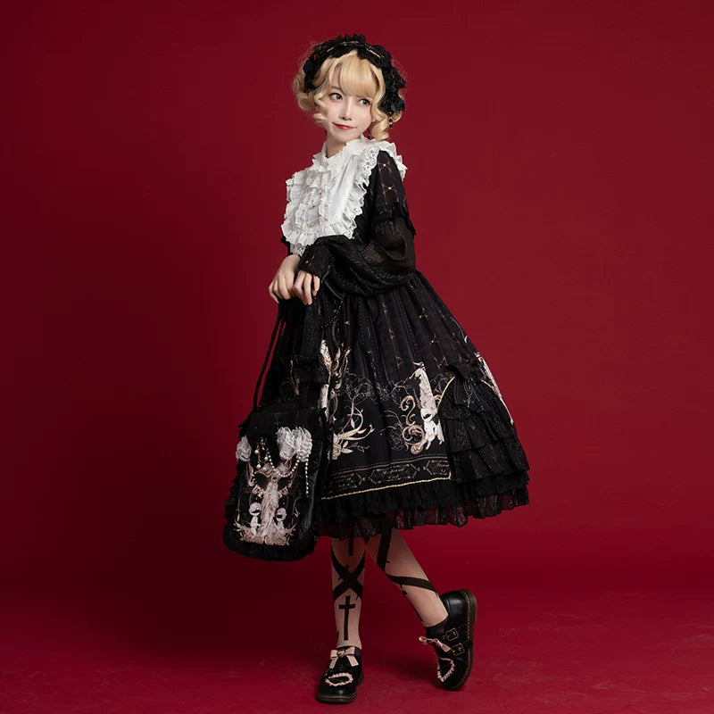 Elegant long sleeve leopard cat-themed OP dress by Lolita Fetch, featuring a cute and stylish design for daily wear.