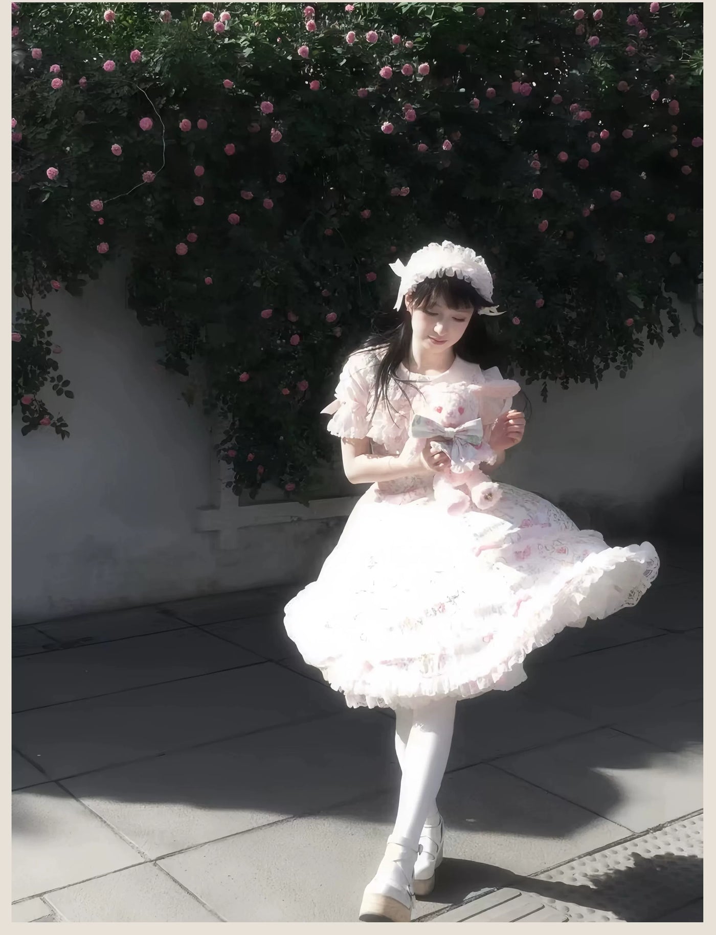 Tata Long Ear - Spring 2025 Floral Wall - Floral Print JSK Dress with Layered Lace Ruffles