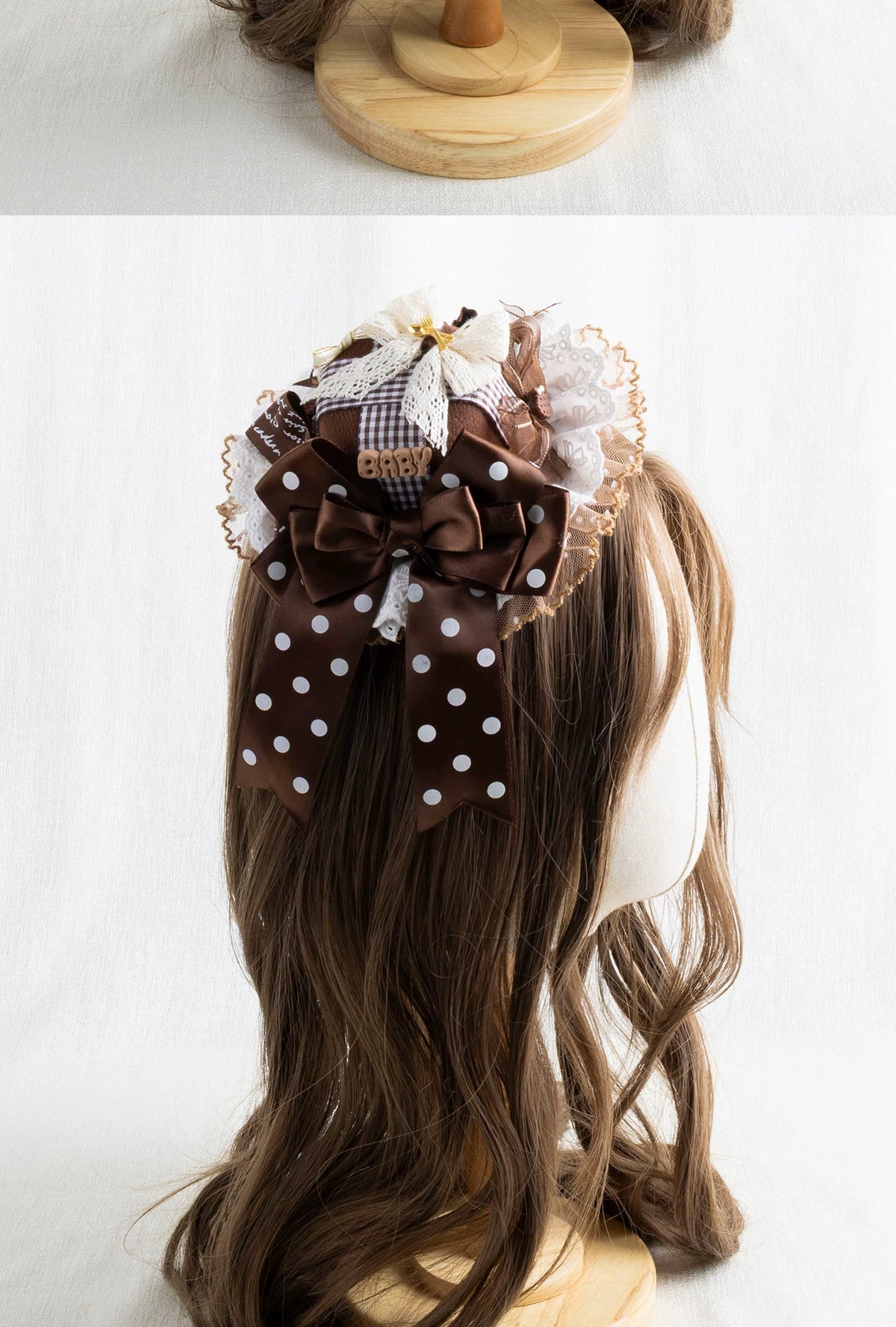 Lightbound Narrative - Chocolate Dot Bear-Ear - Headwear with Lace and Polka-Dot Bows