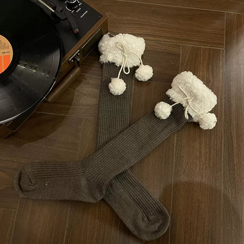 Sock Noble - Winter Pom-Pom - Mid-Calf Socks with Fluffy Cuffs and Pom-Pom Ties