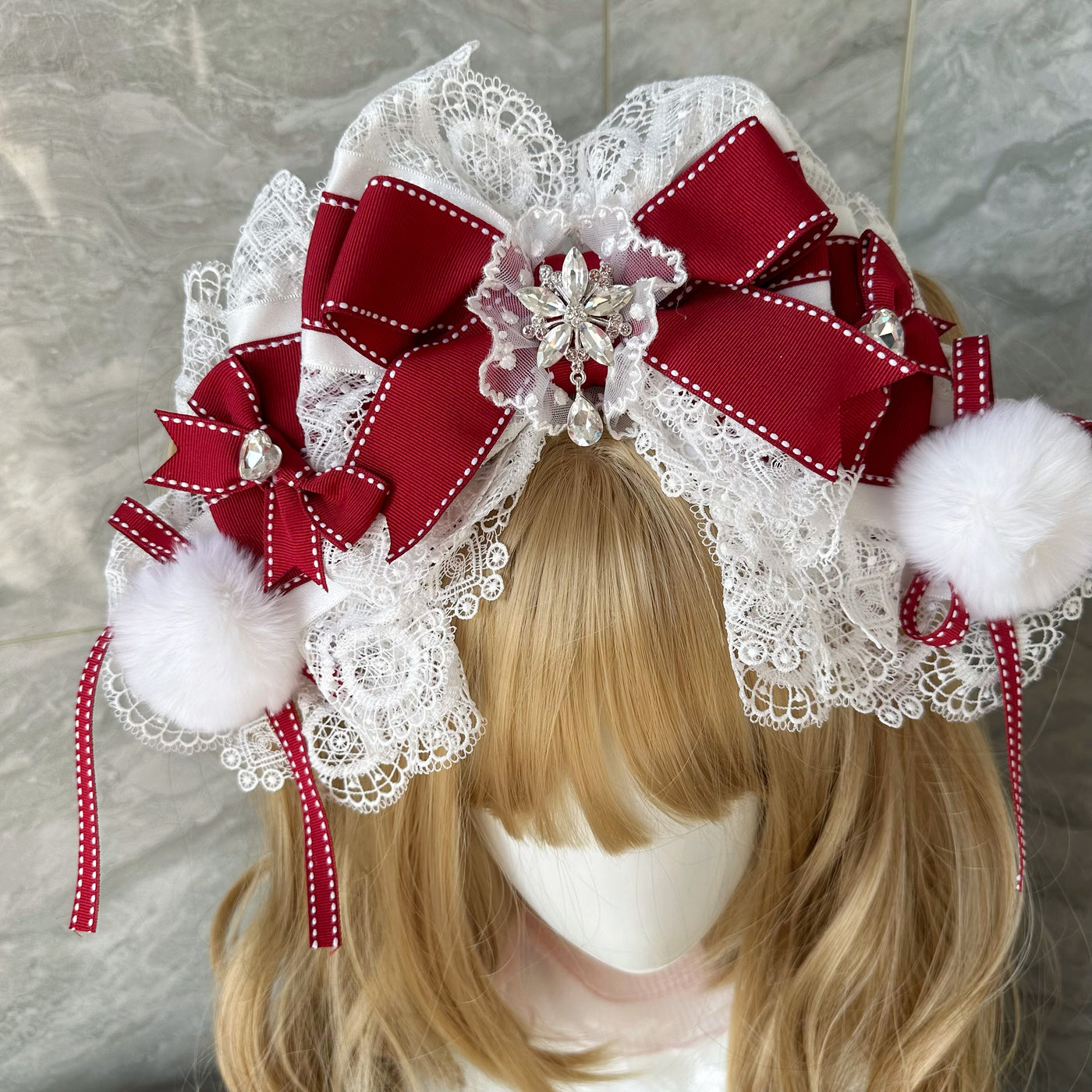 candycoco - Snowflake Ribbon - Lace Bow Headband with a Jeweled Centerpiece