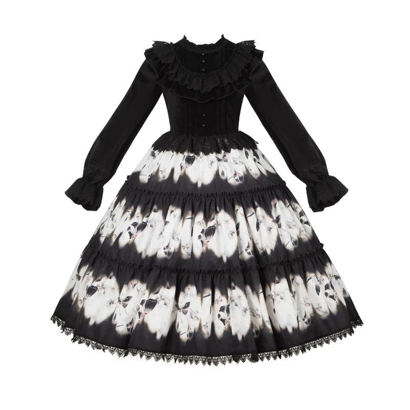 With PUJI - Dead Leaf Butterfly - Gothic Lolita JSK & OP Dress Set, Butterfly Print detail view 9