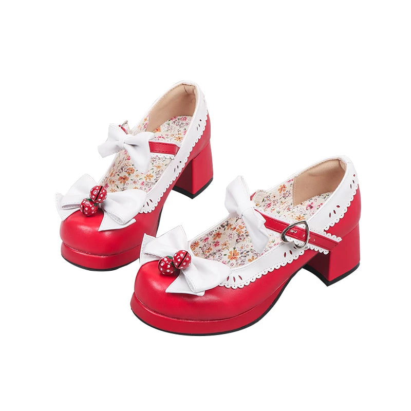 Meixie Strawberry Bell red shoes with bows and chunky heels