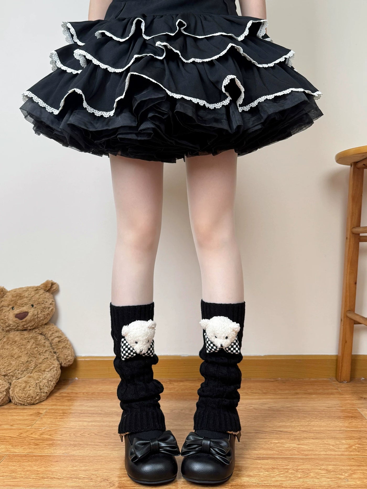 Chubby Bear Tales - Little Bear Knit Layers - Cable-Knit Leg Warmers with Teddy Bear Bows