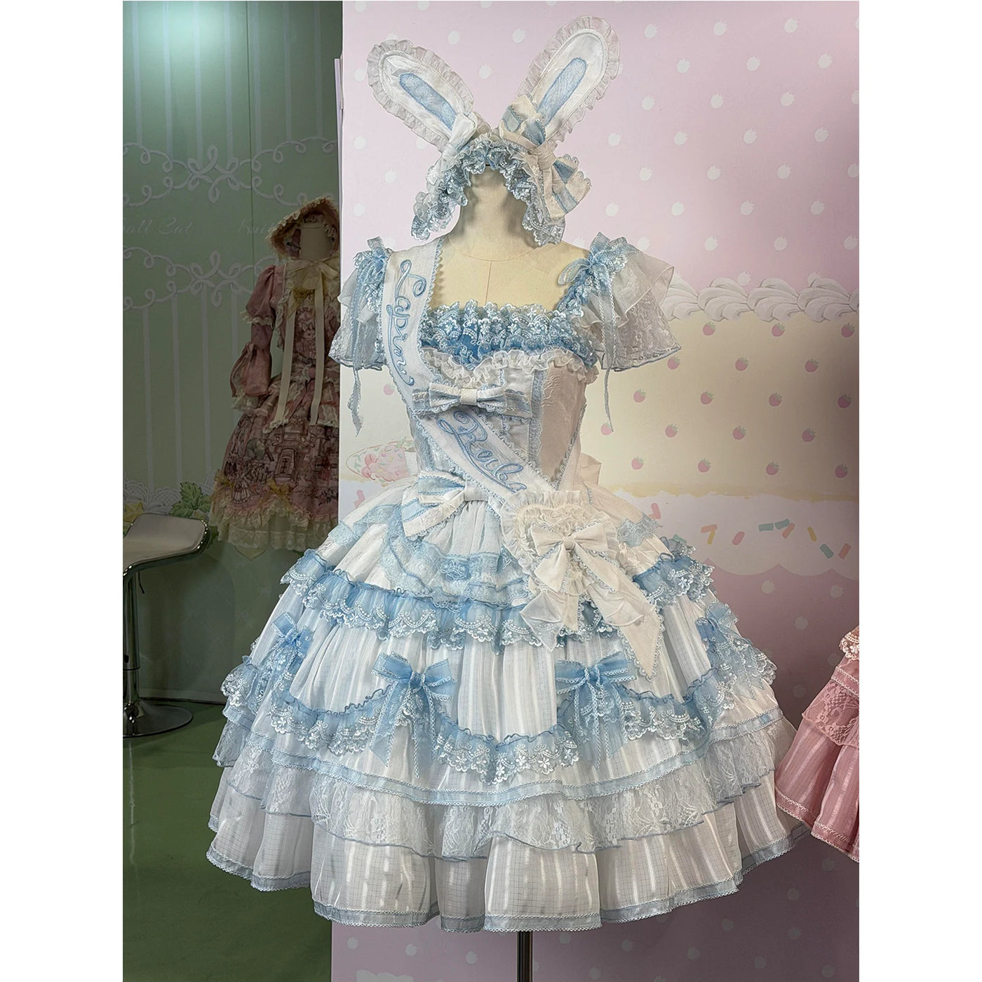 Creamy - Blue Ribbon Rabbit - Blue-and-White JSK Set with Rabbit-Ear Headwear