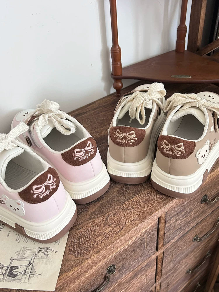 Sheep Puff Bear Runner Lolita Sneakers, white shoes with plush sheep and bear details, featuring colorful accents and sporty design