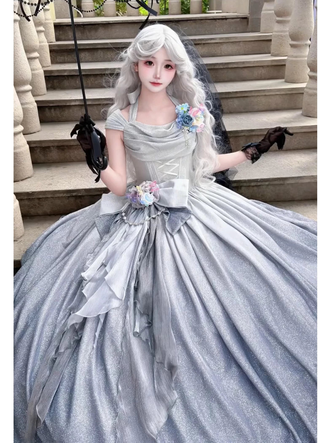 Front view of silver grey Emoji Dream Star Dream Lolita ballgown with included skirt support