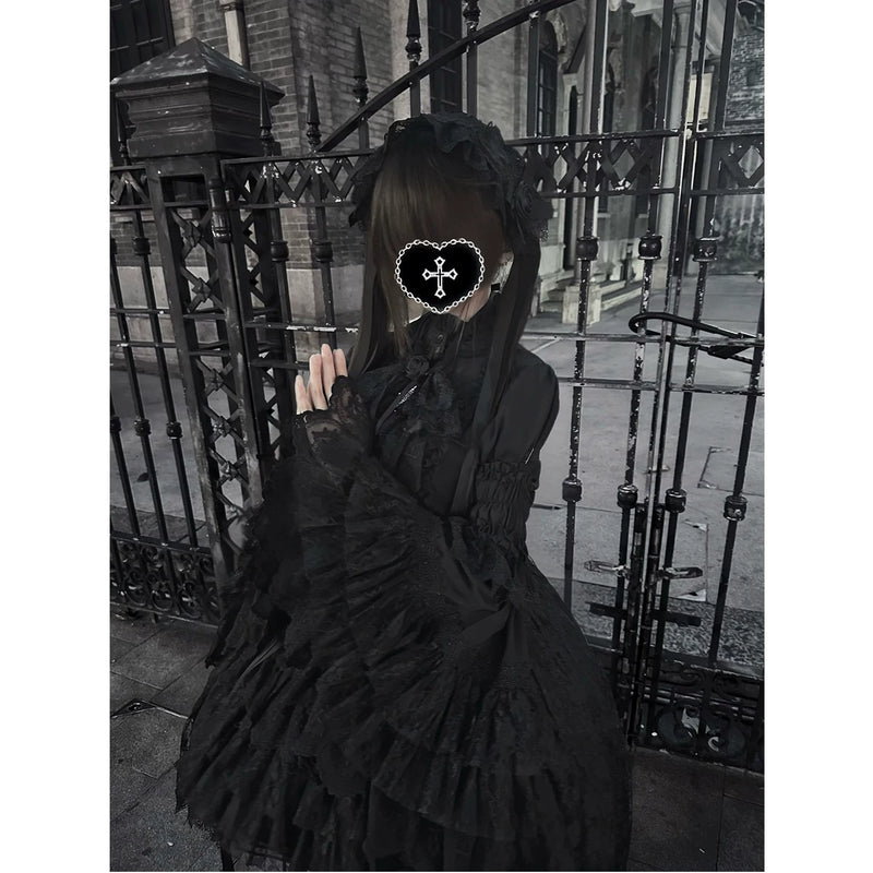 Creamy - Dark Gothic - Black Blouse and Waist-Cincher Skirt Set with Detachable Hime Sleeves