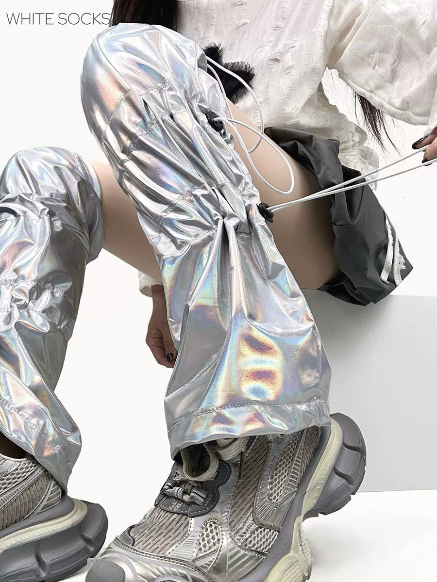 White Socks - Holographic Tech Scrunch - Silver Holographic Leg Warmers with Drawstring Details