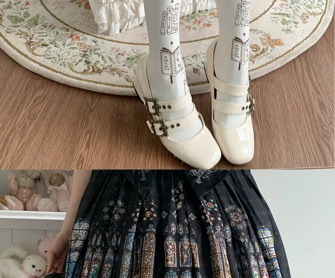 roji roji - The Book of Magic Rabbits - Velvet Tights with Repeating Book Motifs