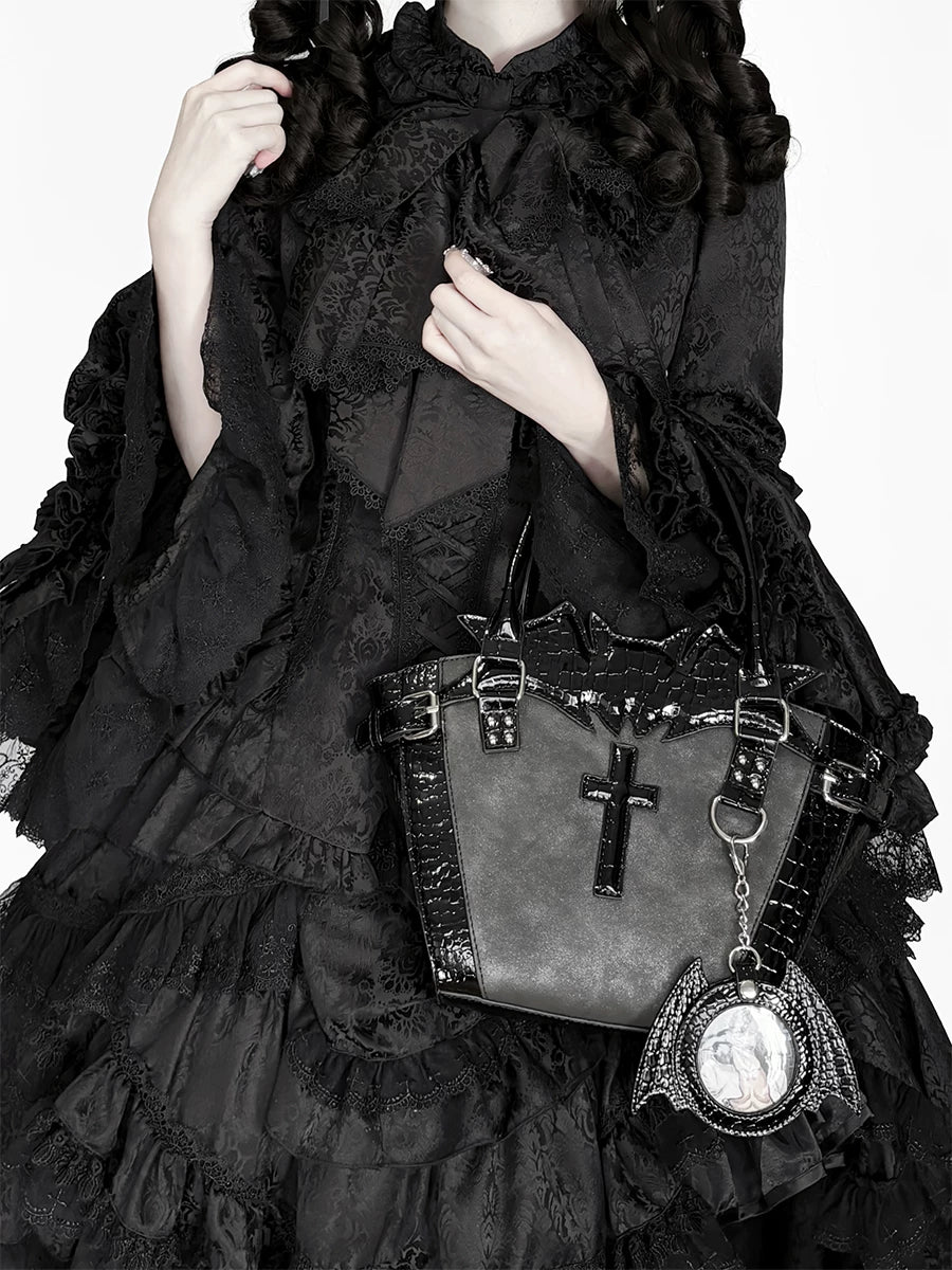 Vera s Mimosa - Gothic Bat Cross Tote - Medium structured gothic lolita tote