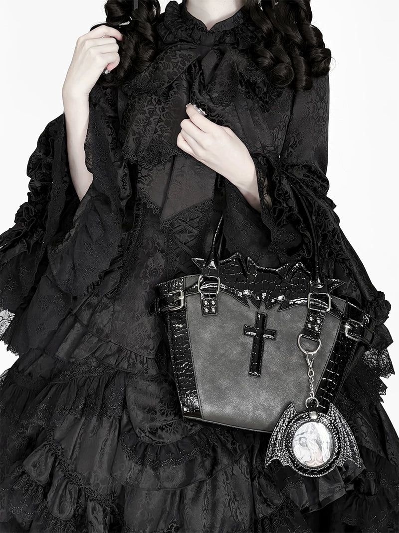 Vera s Mimosa - Gothic Bat Cross Tote - Medium structured gothic lolita tote