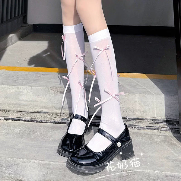 Lolita bow knee-high socks in synthetic color, one size