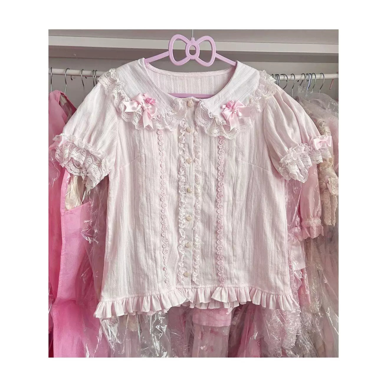 Sweetheart Dream Machine - Vintage Floral Wall - Doll-Collar Blouse with Fabric Flowers and Lace Trim