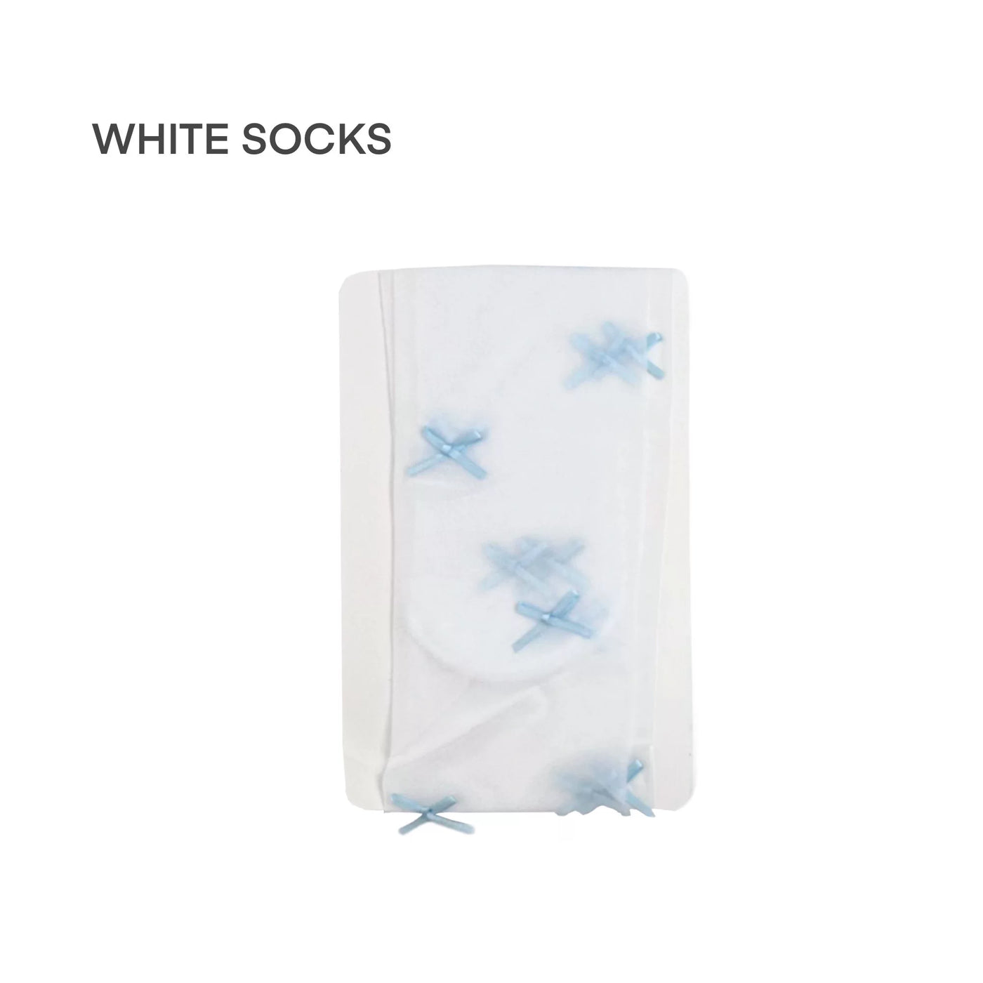 White tights with small blue bows shown in a clean product display.