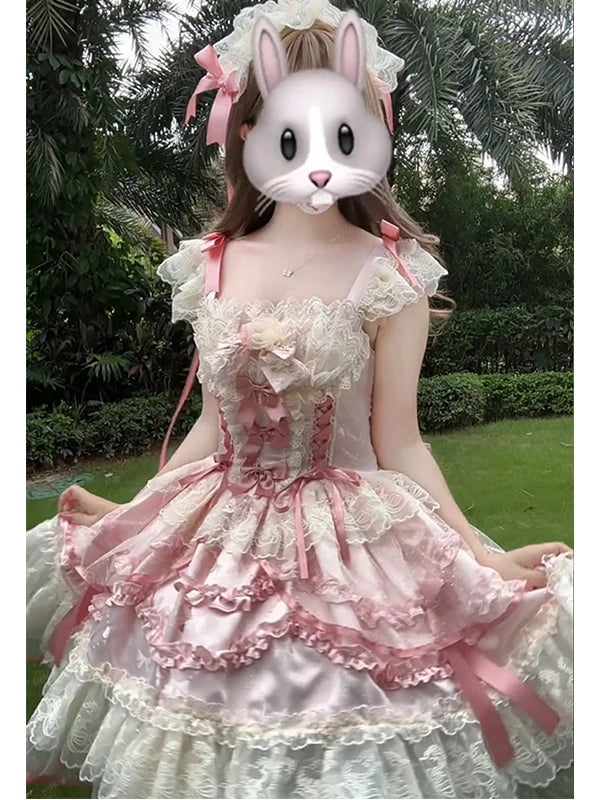 Creamy - Pink Ballet Ruffles - Pink JSK Suspender Dress with a Train and Hairband