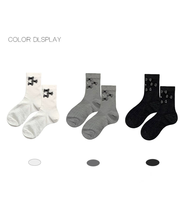 White Socks - Bow Button Academy - Mid-Calf Socks with plaid bows