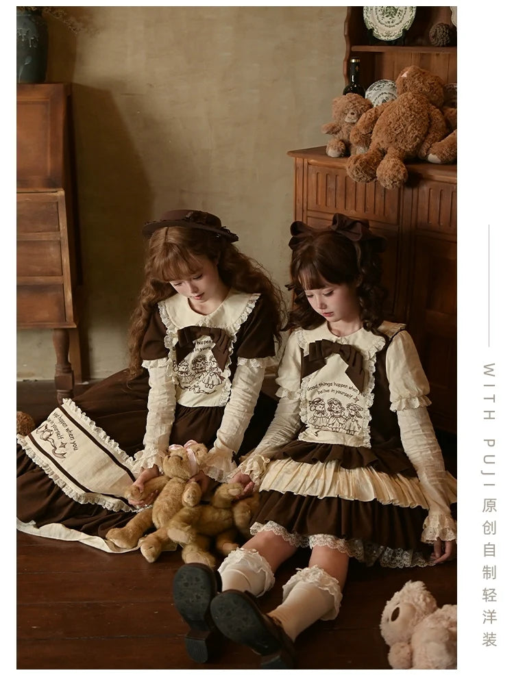 With PUJI - Sugar Frost Tale - Kawaii Lolita OP Button Closure Dress, Lamb & Bunny Embroidery