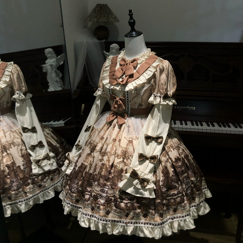 Doll Poetry long-sleeve Lolita OP dress with detachable sleeves on mannequin, featuring all-over sepia print