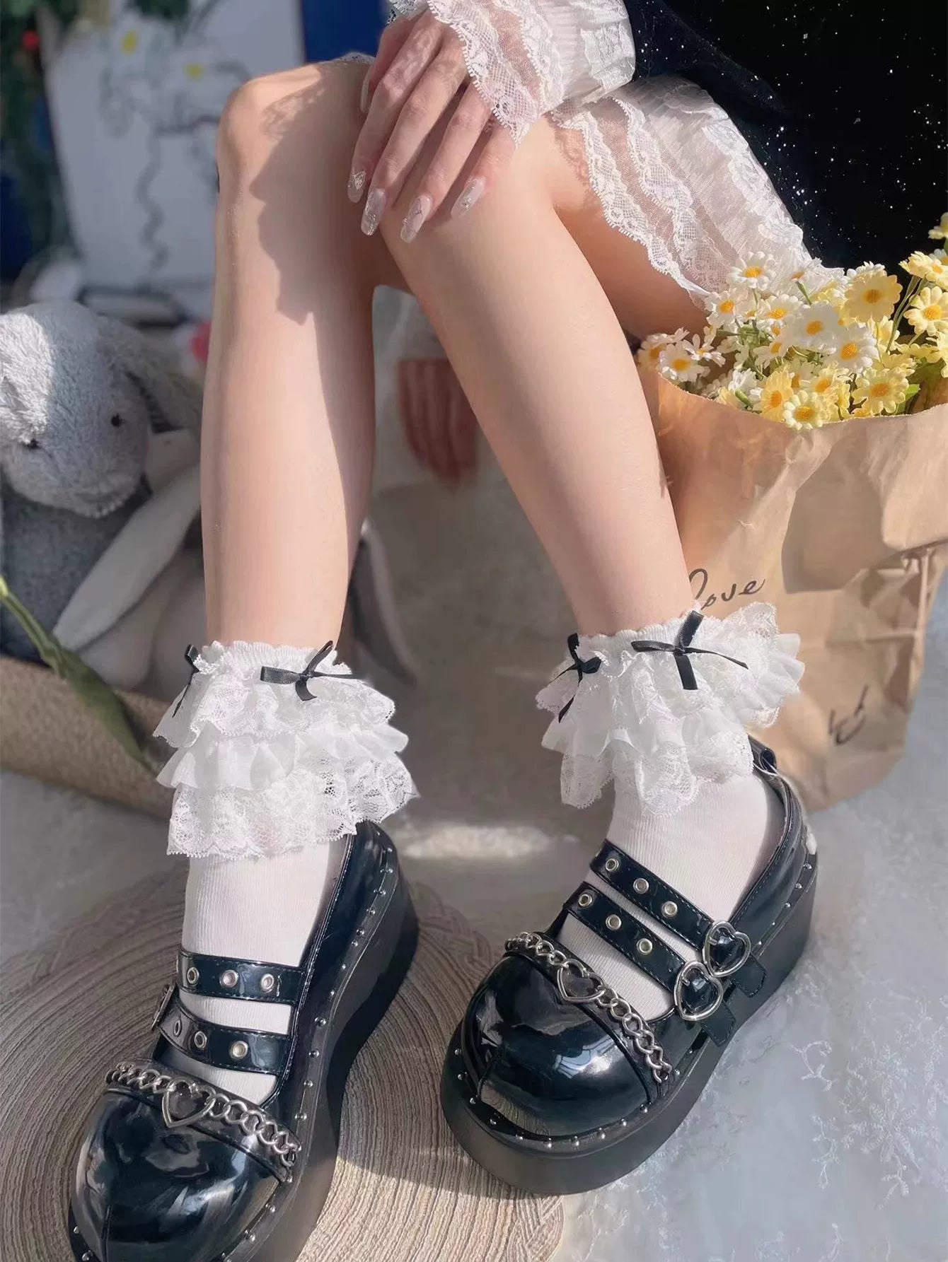 Fantasy Doll - Lace Ruffle Bow - Lace Ruffle Socks with Oversized Cuffs