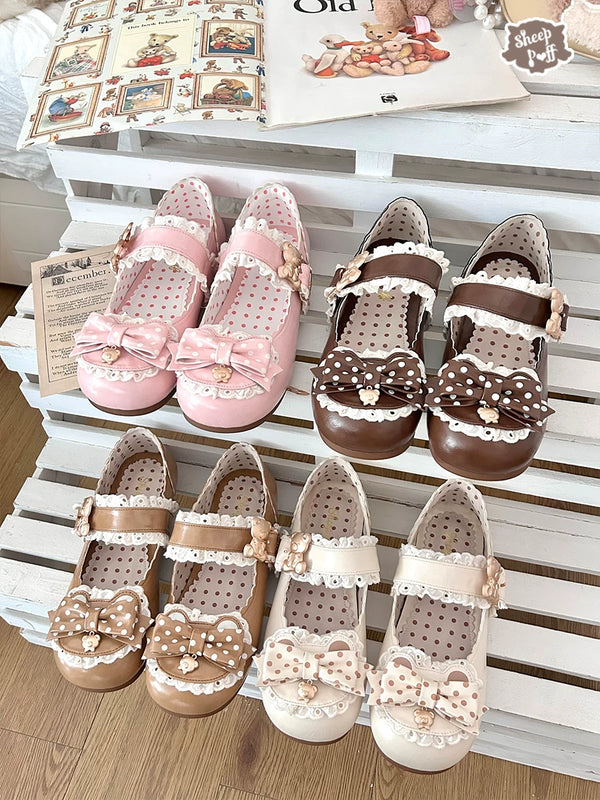 Sheep Puff Polka Dot Low Heel Lolita Shoes featuring a cute sheep puff bear design and charming polka dot pattern.