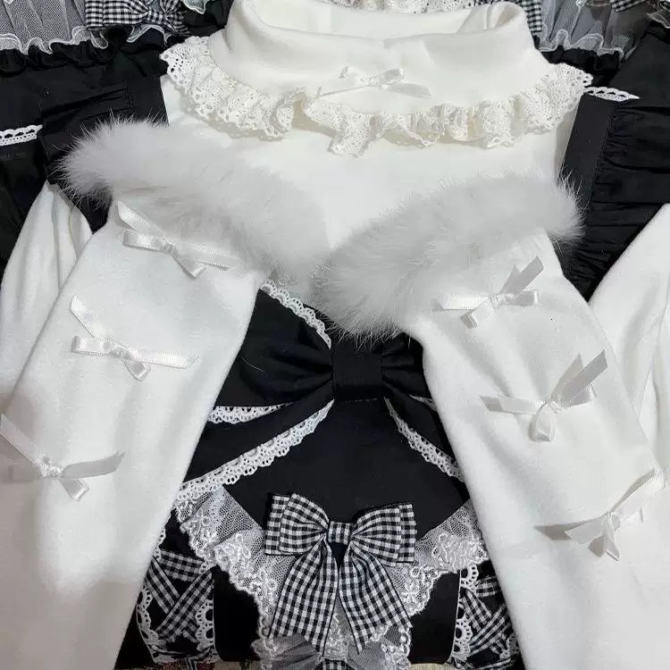 White regular style soft knit Lolita long-sleeve top with lace trim and bow details