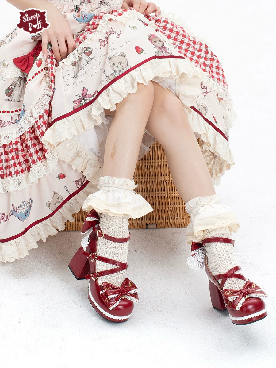 Sheep Puff Blessing Poem Lolita Heels, stylish shoes with decorative sheep puff and poetic design, on a white background.
