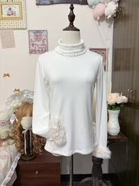 Dream Fu - Snow Velvet - Lolita High-Neck Base-Layer Top with Fuzzy Cuffs - Blanco / S