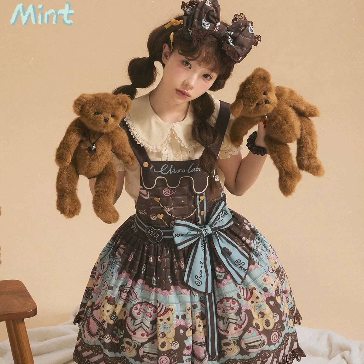 Sweet Dreams Baa Baa - Choco Bear-  High-Waist Suspender Lolita Dress