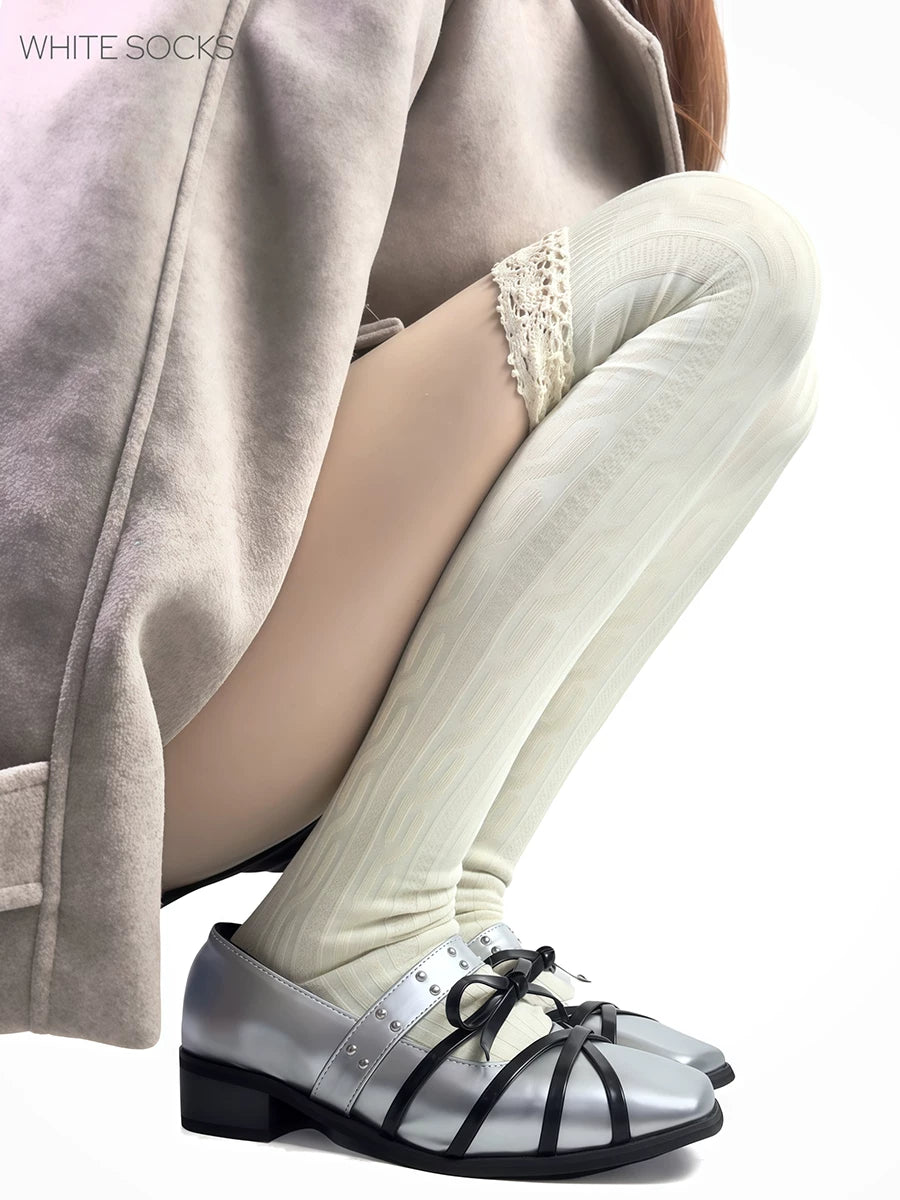 White Socks - Retro Lace Contrast - Over-the-Knee Socks with Lace Edging