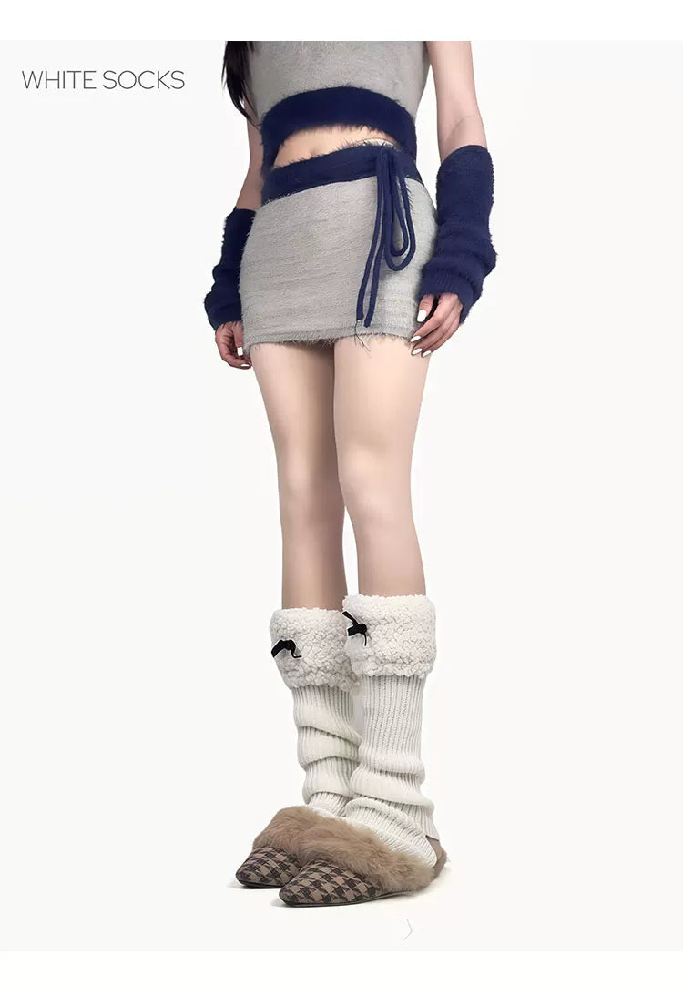 White Socks - Fleece Bow - Stirrup Knit Leg Warmers with Fleece Cuffs