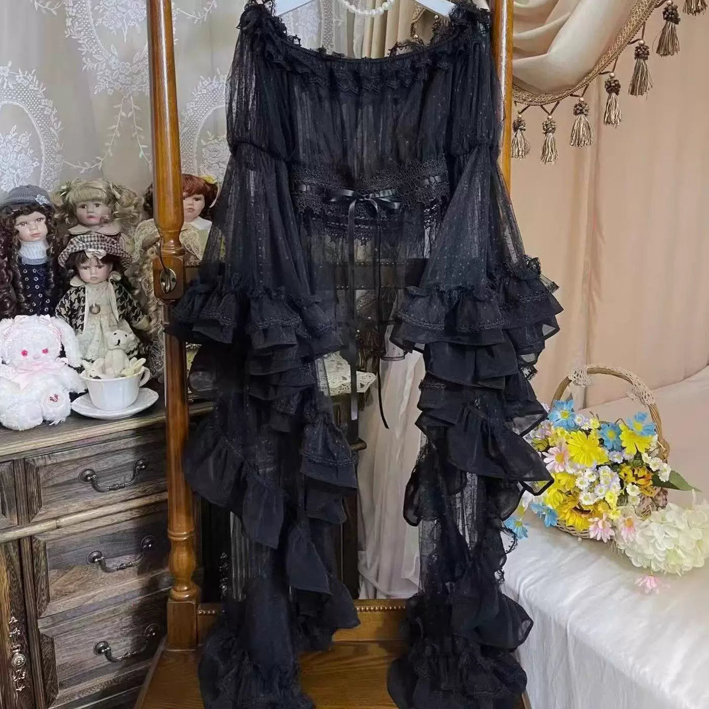 Sweetheart Dream Machine - Butterfly Wing - Off-shoulder Blouse with Sheer Dotted Mesh Sleeves