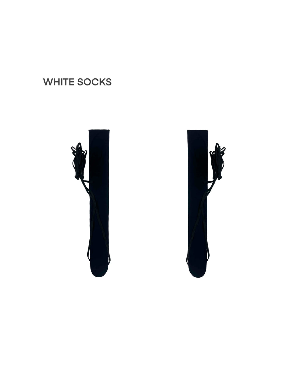 White Socks slouchy long socks with crossed wrap straps, shown in white and black styling images.