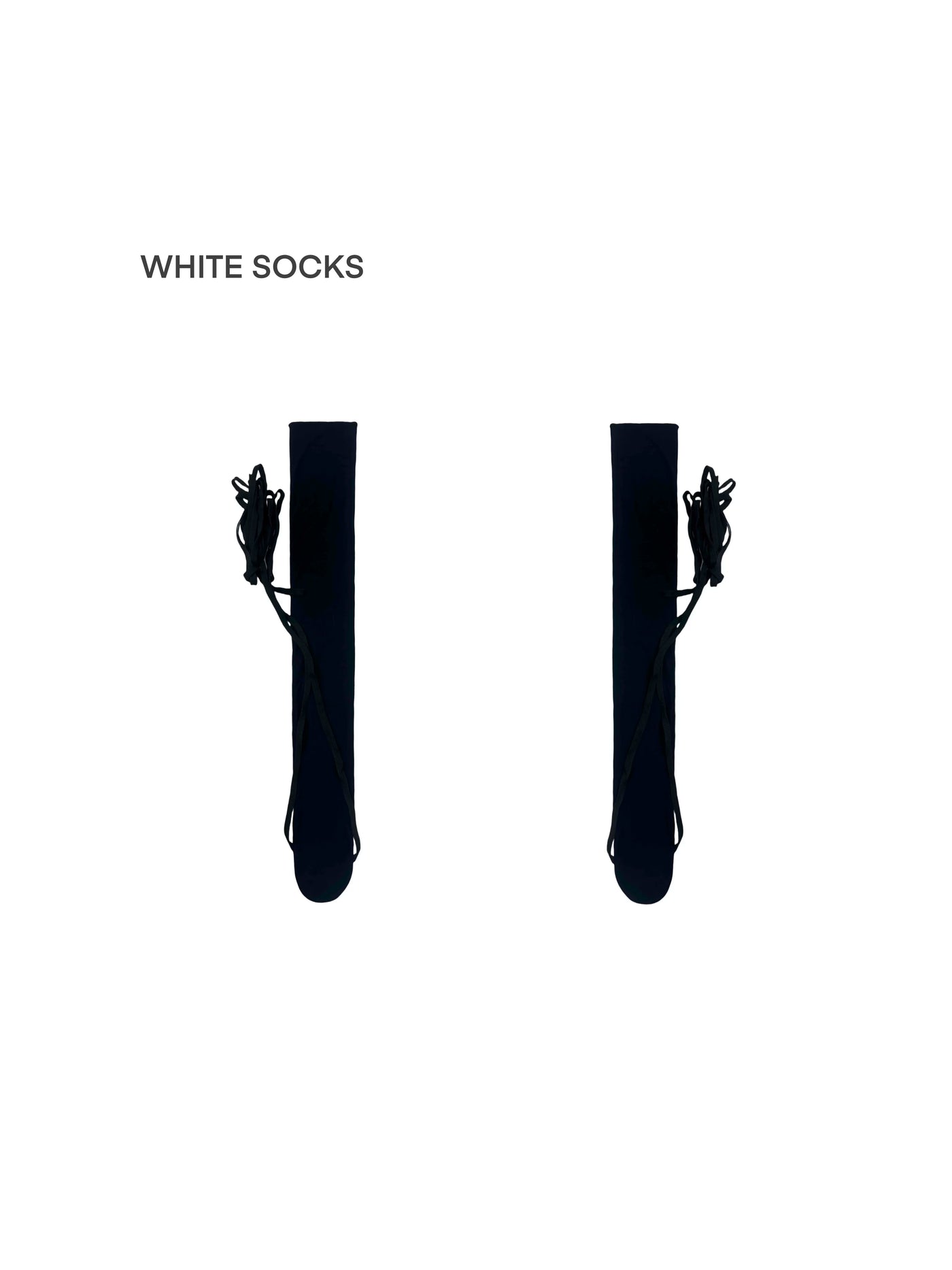 White Socks slouchy long socks with crossed wrap straps, shown in white and black styling images.