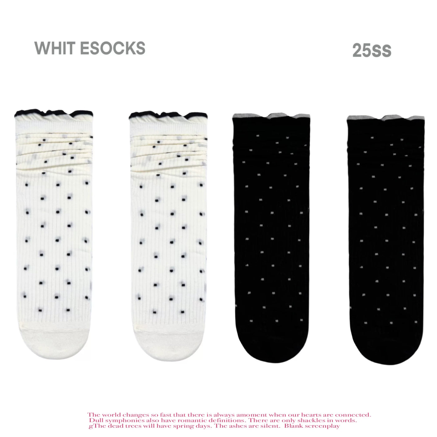 White Socks - Polka-Dot Rib - Cotton Polka-Dot Mid-Calf Slouch Socks with Scalloped Cuffs