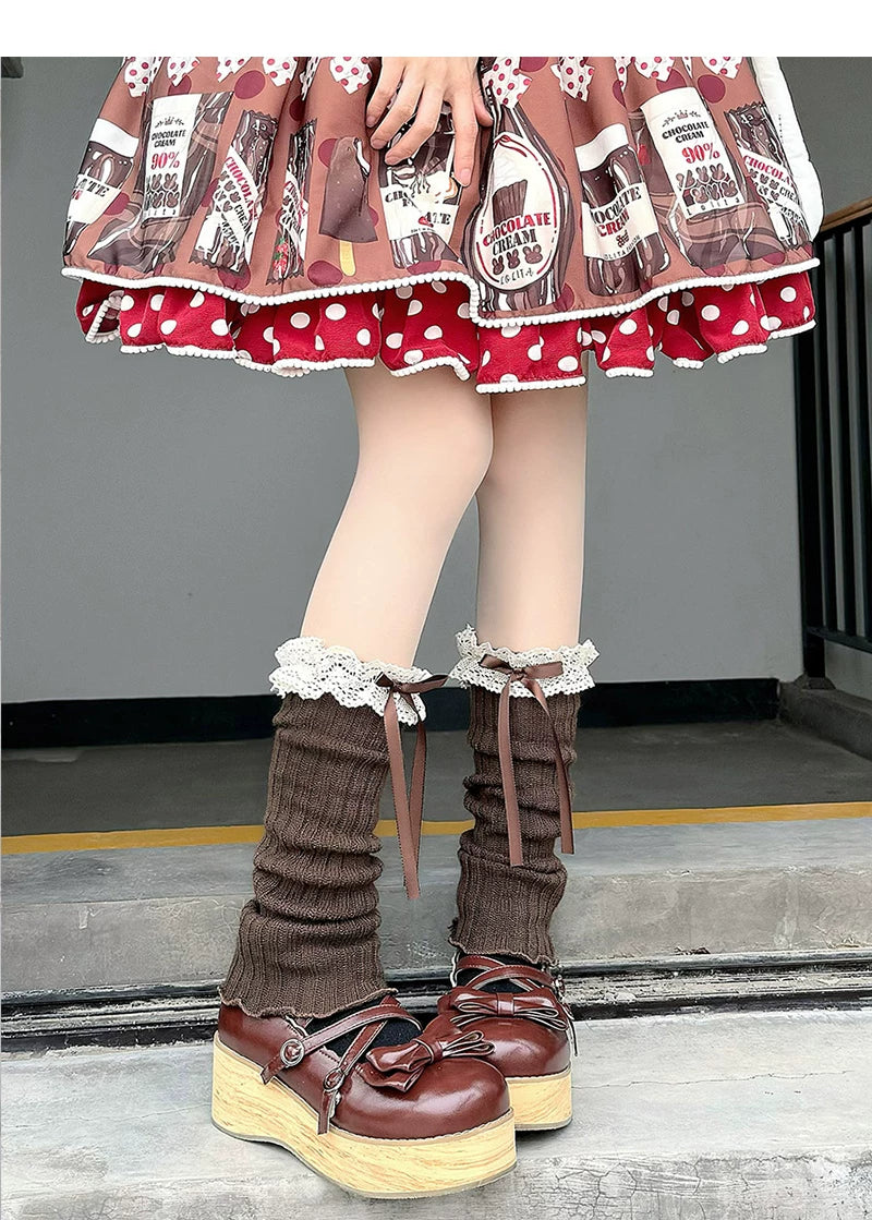 Floral Milk Cat - Ribbon Lace - Ruched Mid-Calf Socks with Lace Ruffle Cuffs
