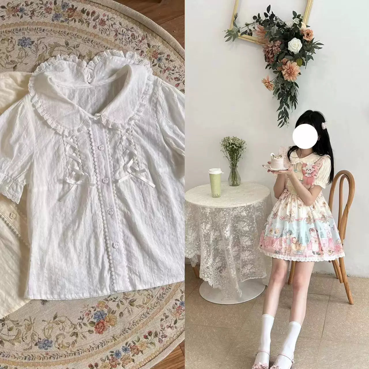 Cat Upon Cat - Sheep Waltz - Printed JSK with a Lace-Trimmed Hem