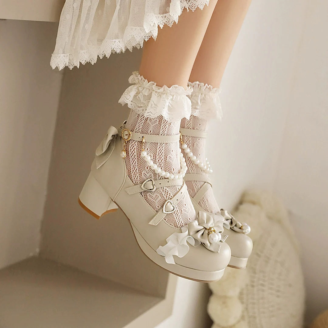 Yana - Round Toe Pearl Chain - Sweet Lolita shoes with a detachable pearl chain and bow - product detail 8
