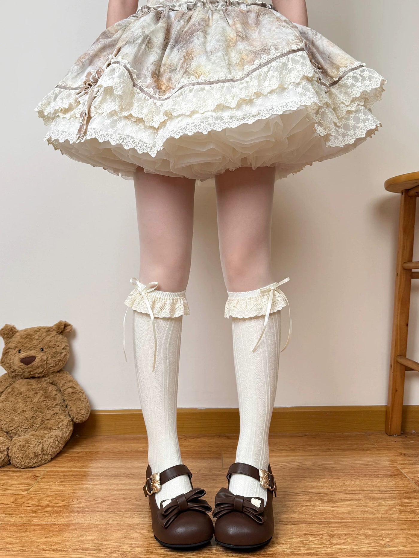 Chubby Bear Tales - Antique Doll - Cotton Gathered Calf Socks with Lace Ruffle Cuffs