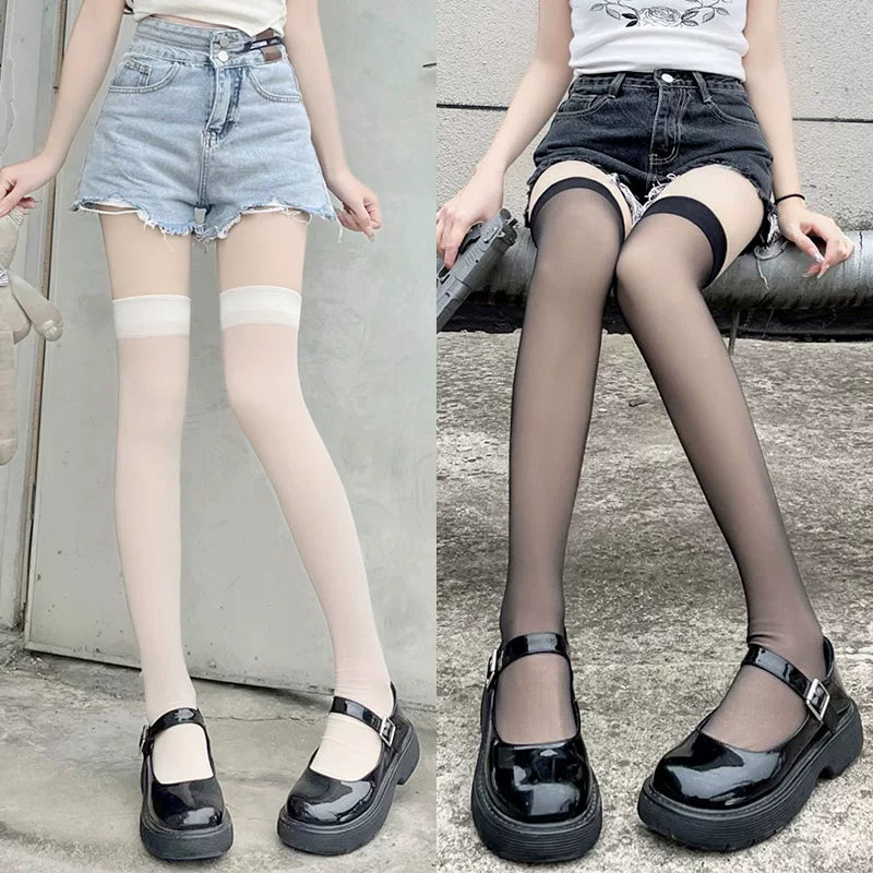 Floral Milk Cat - Sheer Thigh-High - Lightly Sheer Over-the-Knee Stockings with a Smooth Top Band