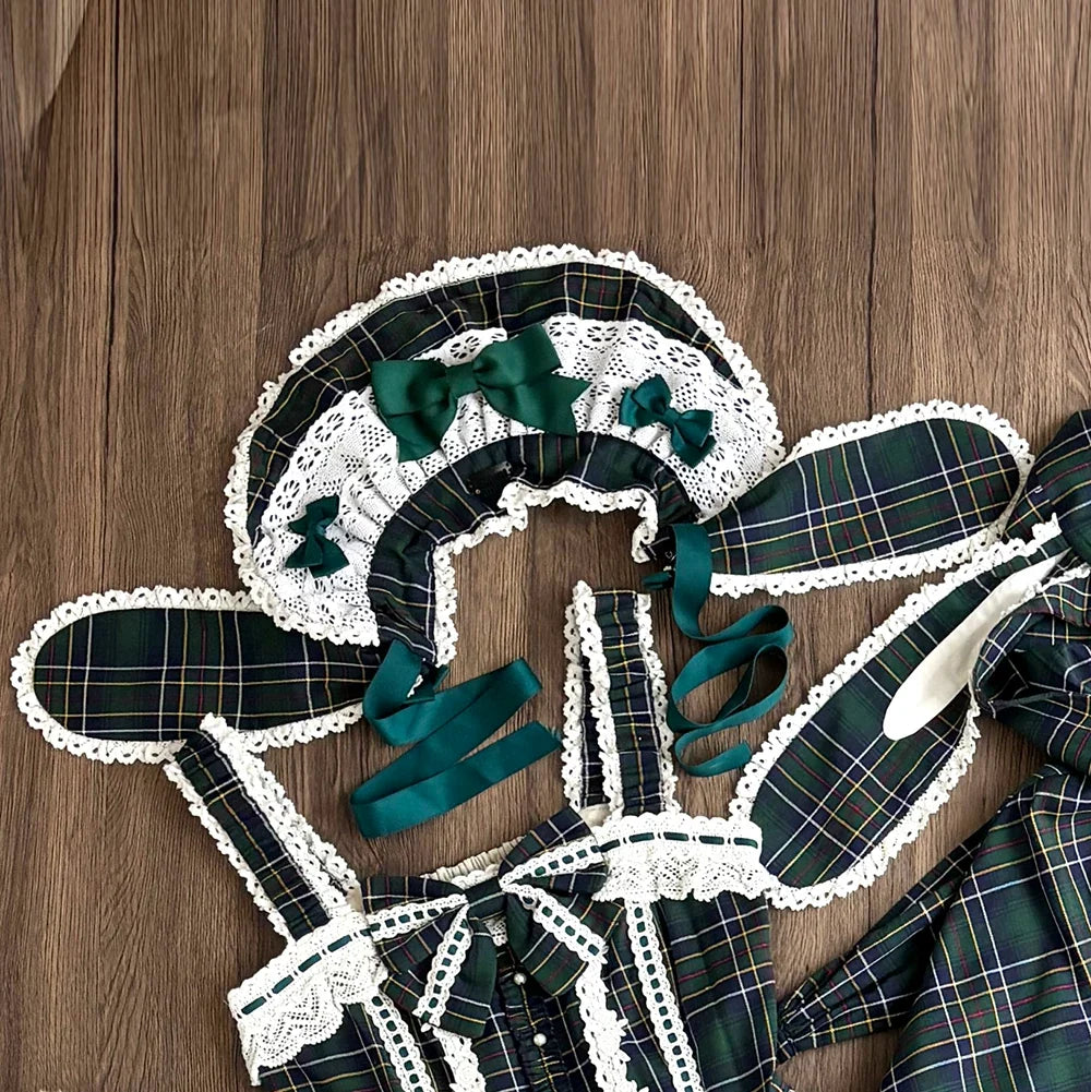 Plaid Petal Bunny - Old School Lolita Bunny Ear Headdress, Bear Ear Apron Green Plaid - BNT Only