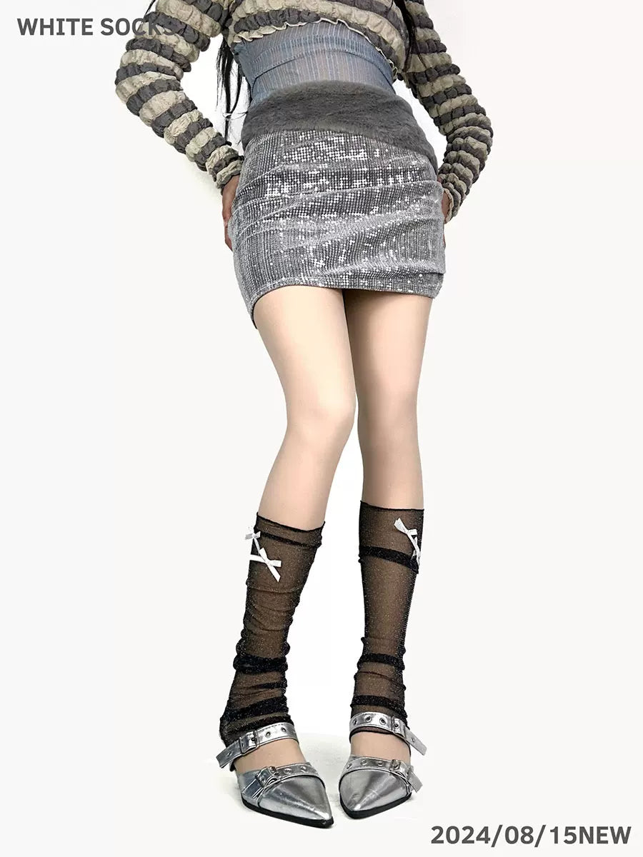 White Socks - French Bow - Sheer Mesh Calf Leg Warmers with Bow Accents