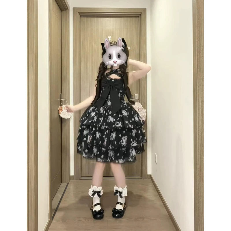 Creamy - Black Bow - Black Printed JSK with Front Bow