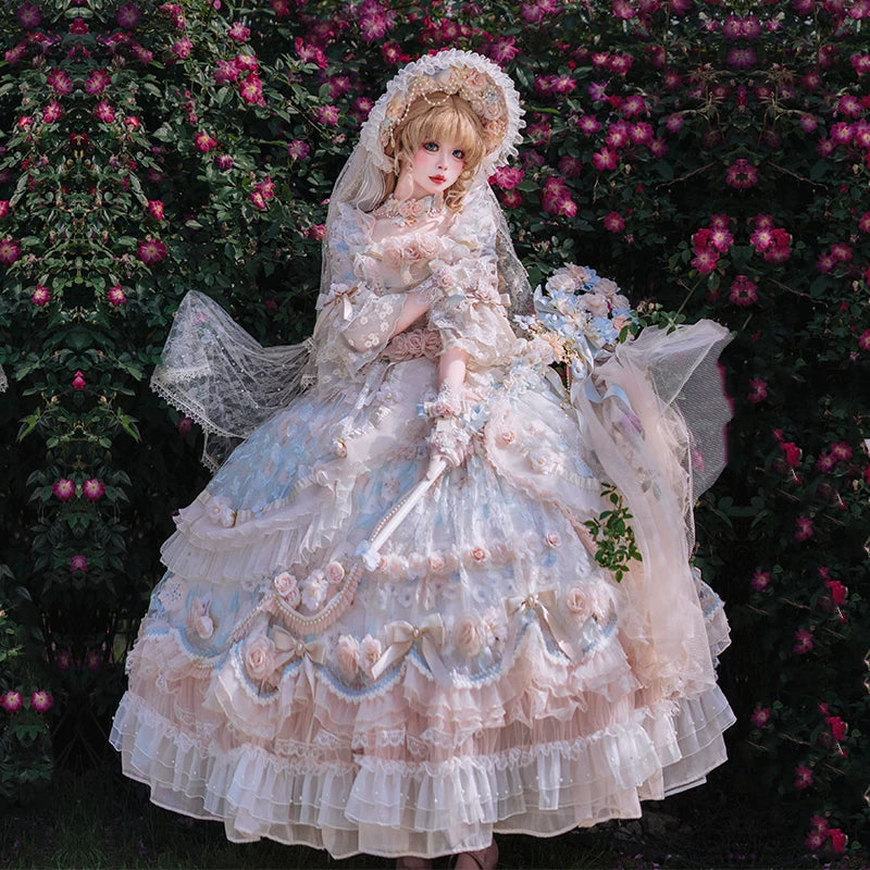 Detail view of Rose Banquet lolita dress showing lace trim and 3D floral accents