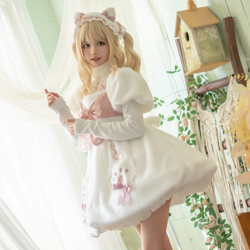 Eieyomi - Cat Planet - White-and-pink Lolita OP dress with cat-claw bows - product detail 2