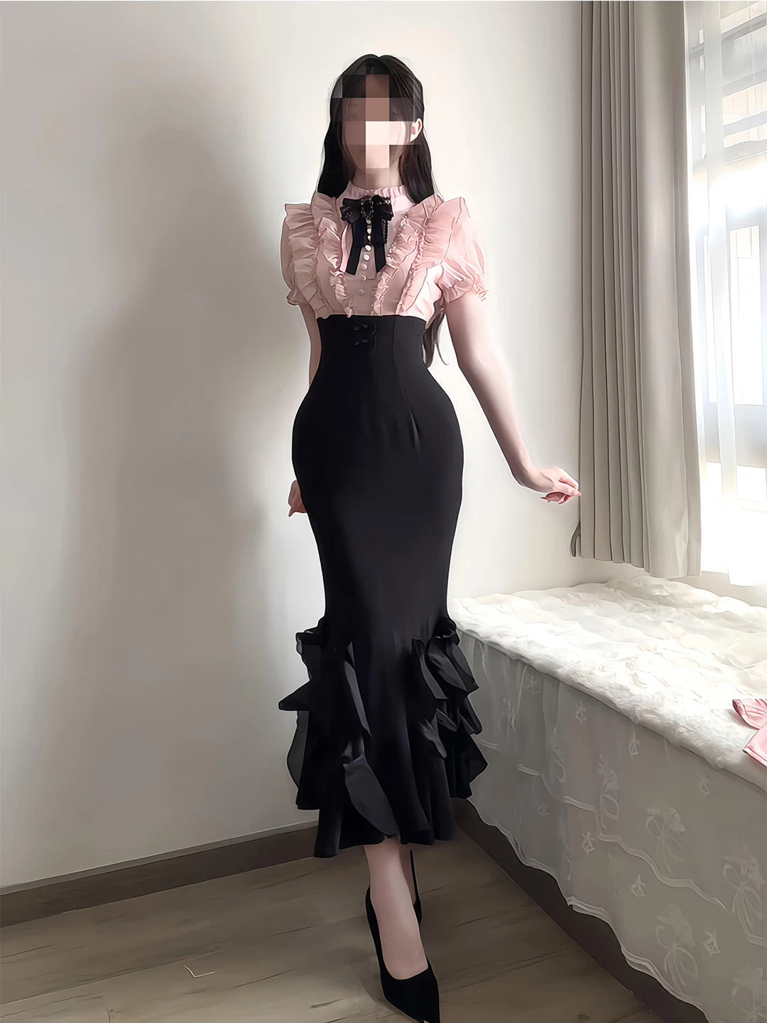 Creamy - Black-Pink Mermaid Lace - Black-Pink OP Dress with a Mermaid Hem