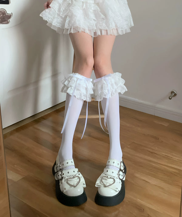 White Lolita velvet calf sock with lace trim and bow detail