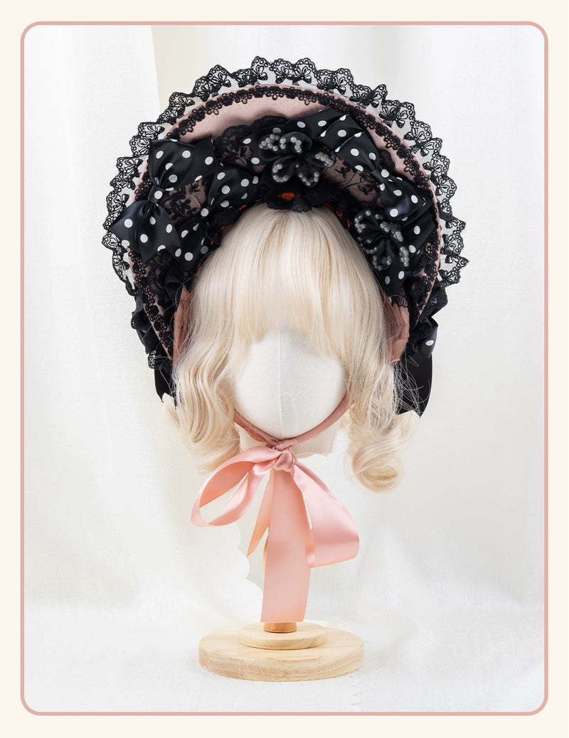 Stardust Rose - Sweet-Cool Polka Dot - Black or Pink Headbands and Flat Caps with Lace Bows